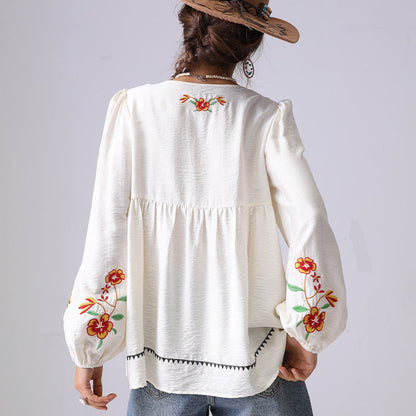 Floral Embroidered V-Neck Tie-Front Blouse