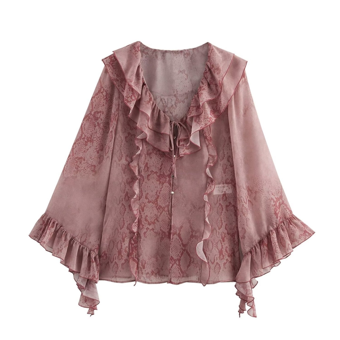 Elegant V-Neck Printed Layered Ruffle Top