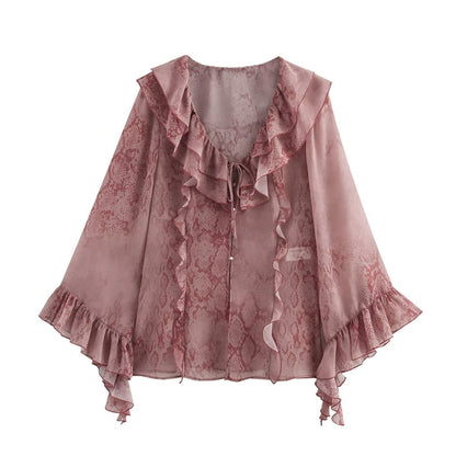 Elegant V-Neck Printed Layered Ruffle Top