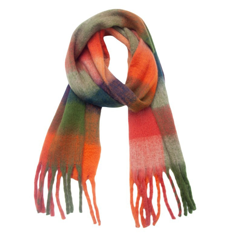 Contrast Color Plaid Tassel Scarves