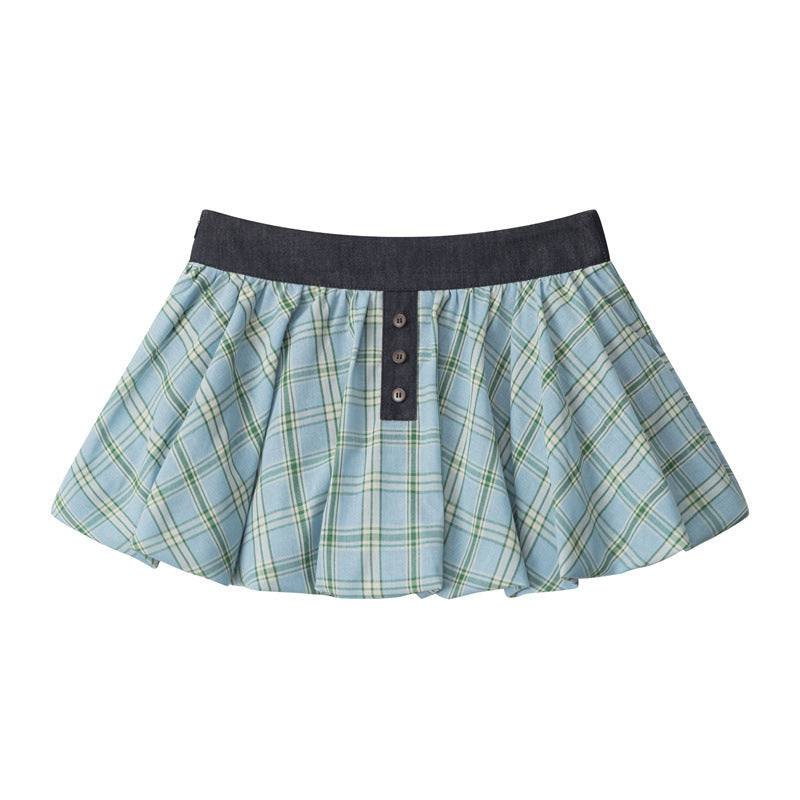 Plaid Pleated Puff Mini Skirt