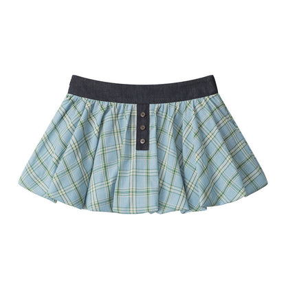 Plaid Pleated Puff Mini Skirt