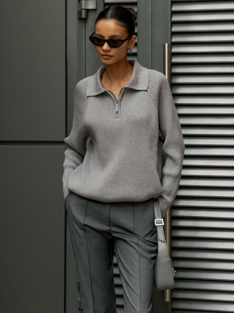 Solid Color Zipper Sweater Loose Knit Sweater
