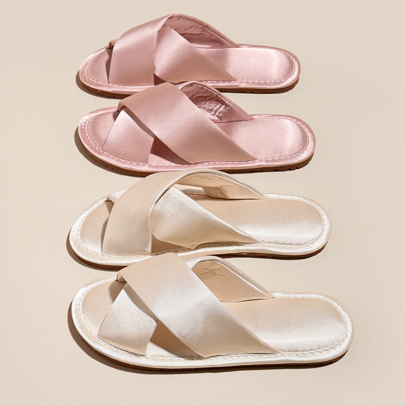 Solid Color Crossed Satin Slide Slippers