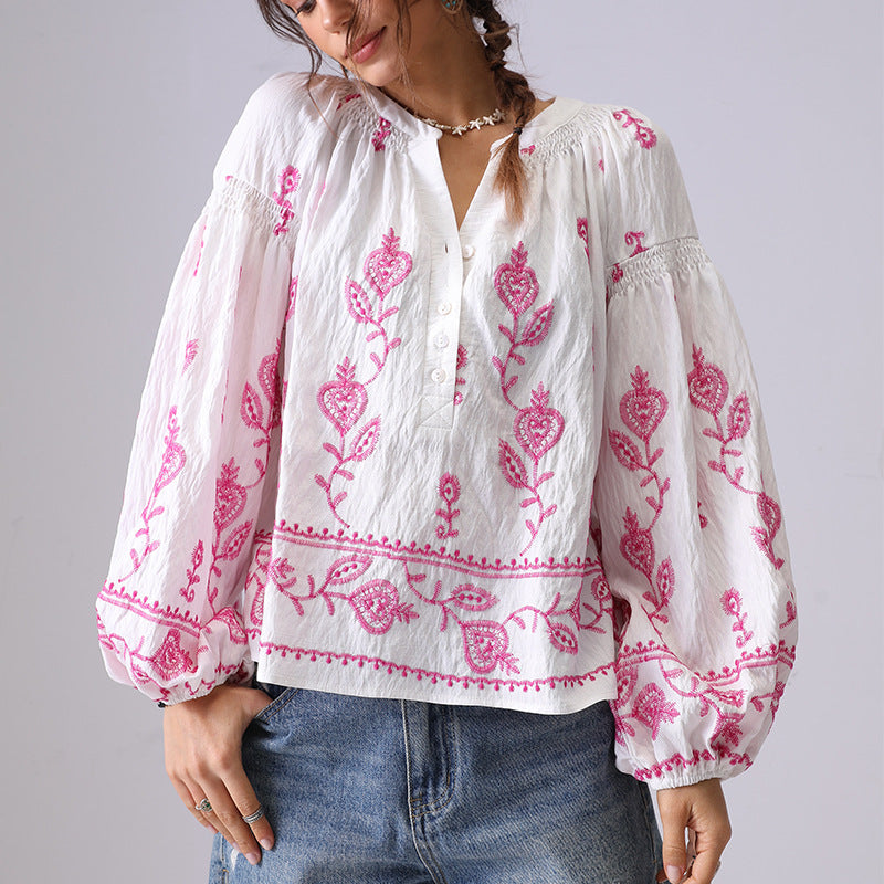 Floral Embroidered Loose Button Shirt