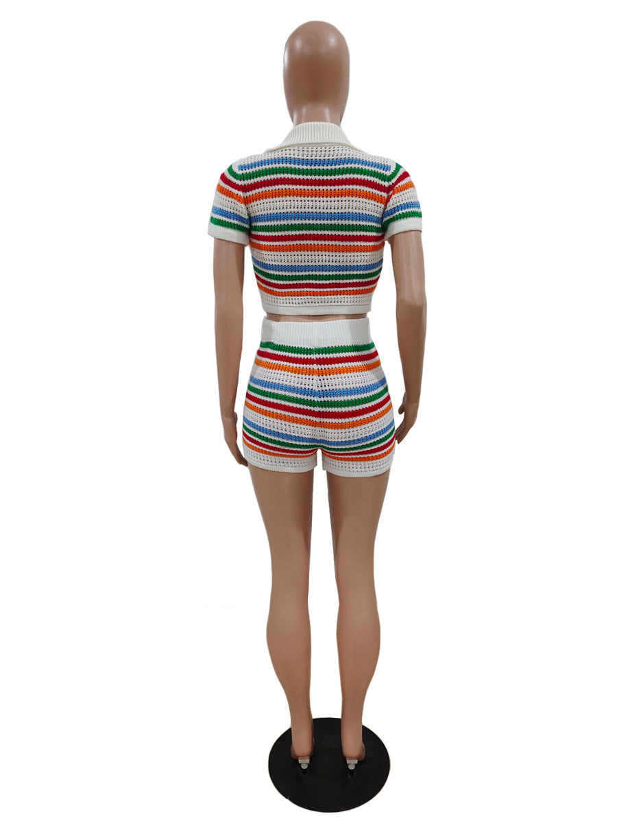 Color Block Top Short Knit Set