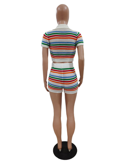 Color Block Top Short Knit Set