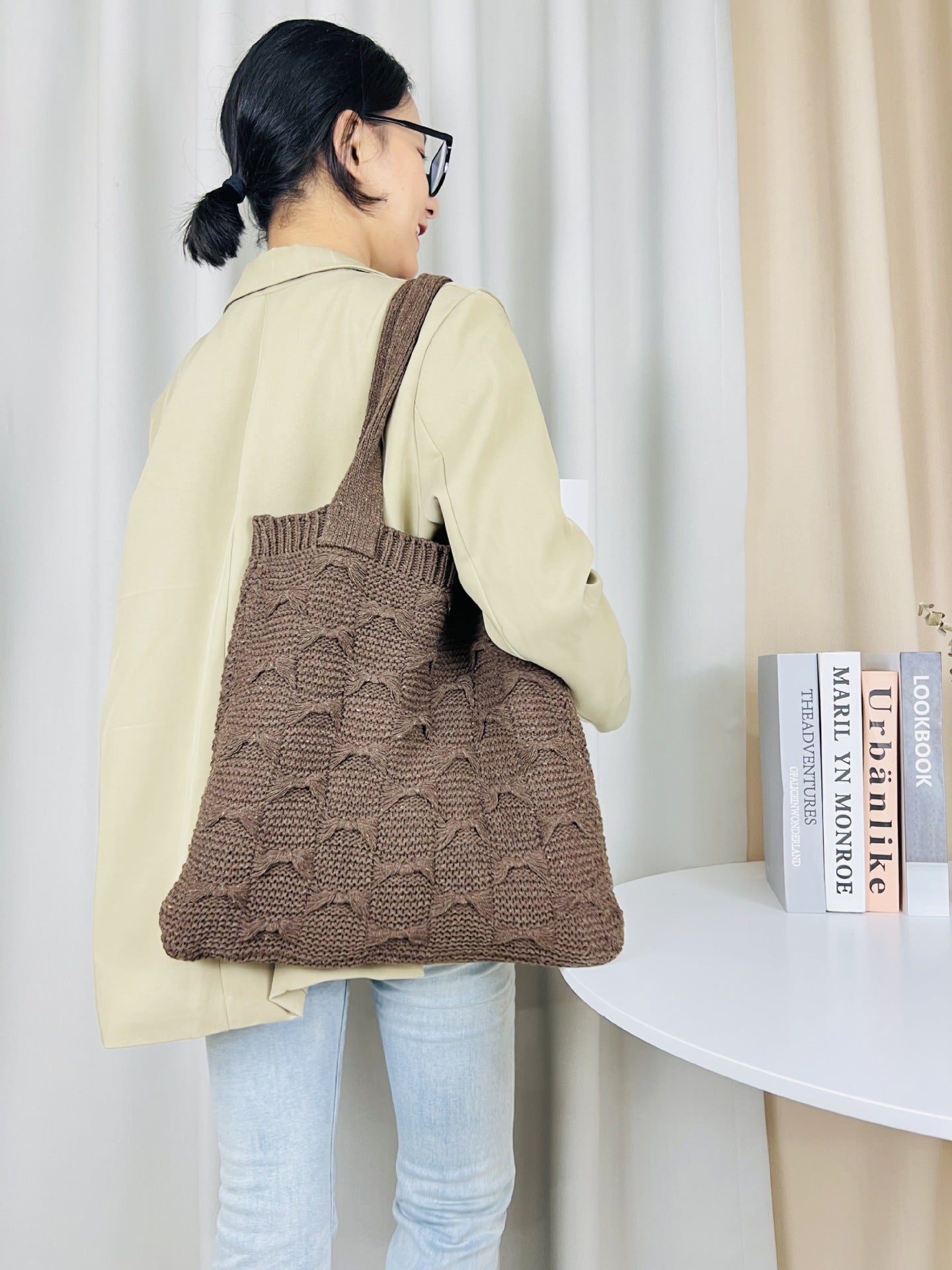 Solid Color large Cpacity Knit Shoulder Tote Bag