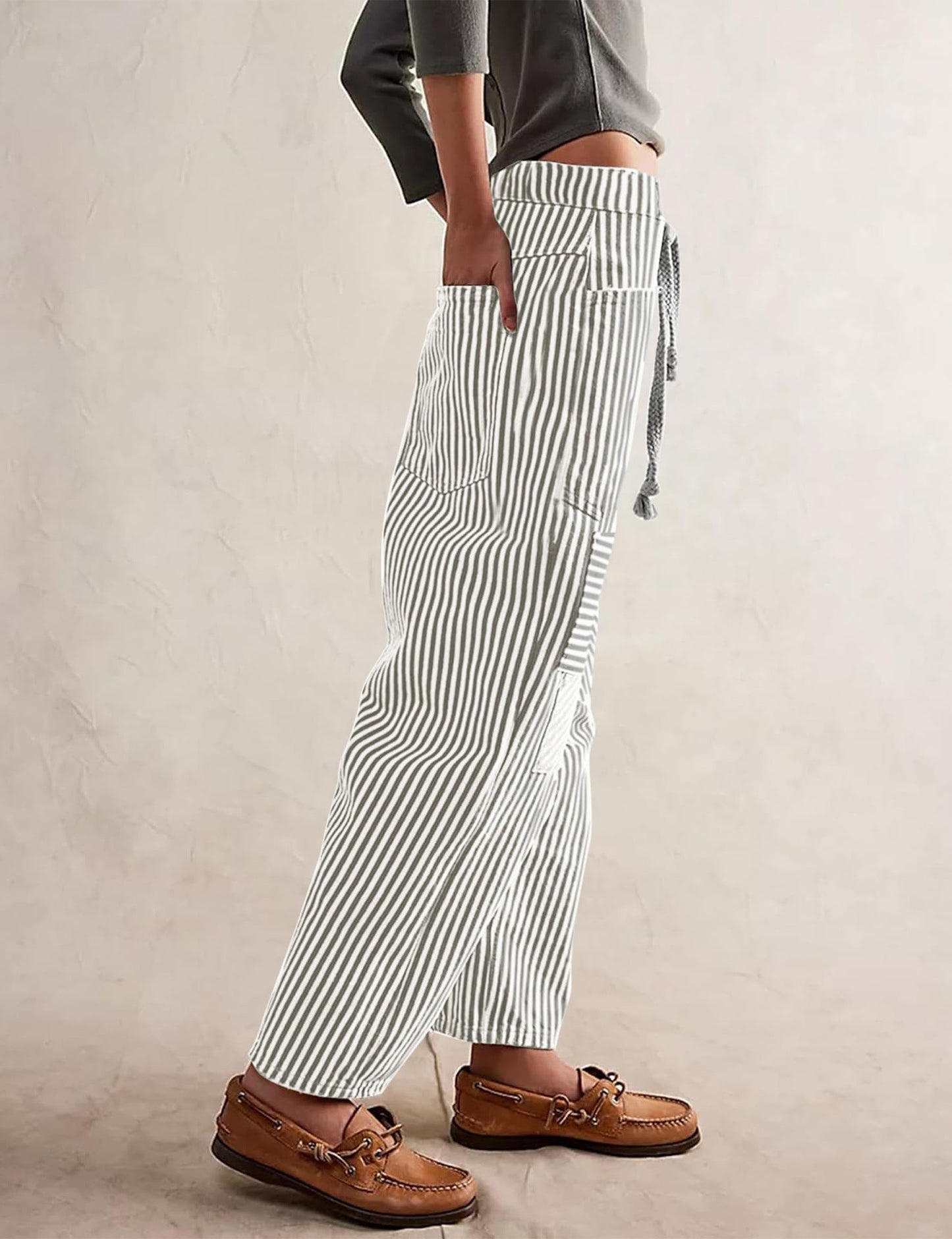 Casual Splice Striped Drawstring Wide Leg Pants