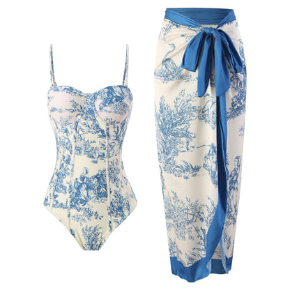 Vintage Print Slim Fit Swimwear with Cover Dress