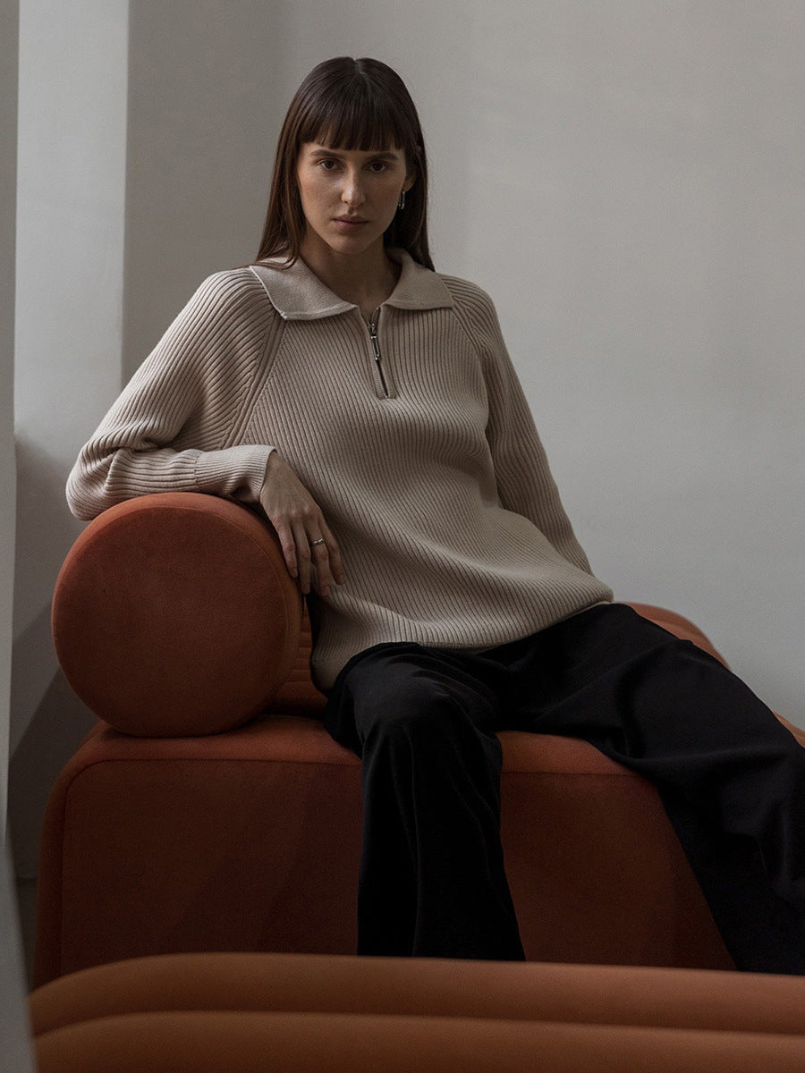 Solid Color Zipper Sweater Loose Knit Sweater