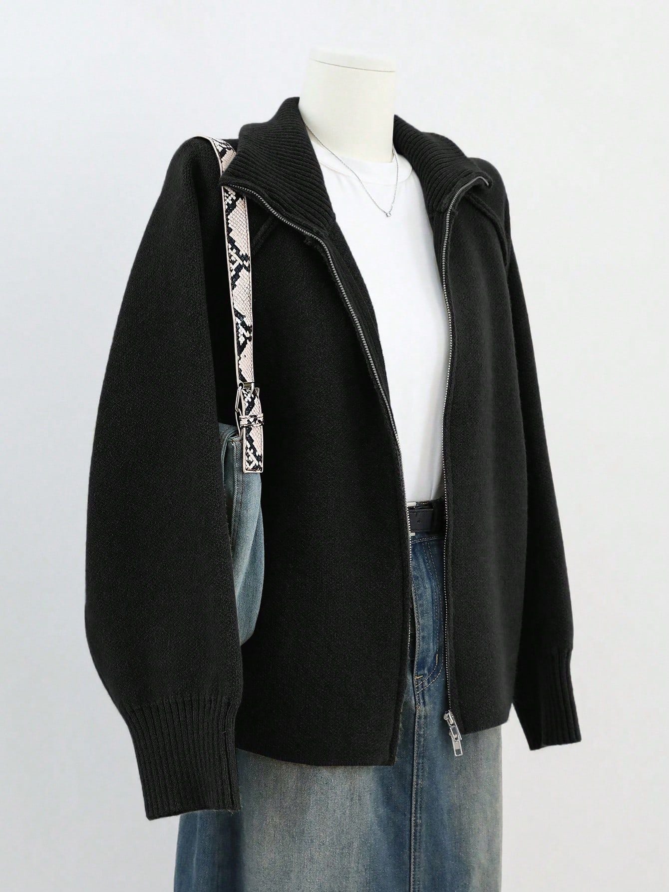 Solid Color High Neck Zip-Up Knit Cardigan