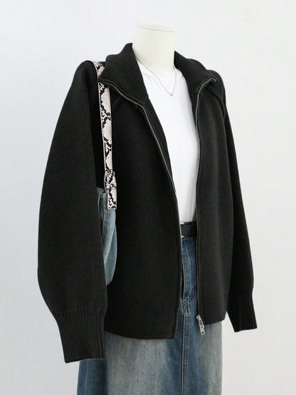 Solid Color High Neck Zip-Up Knit Cardigan