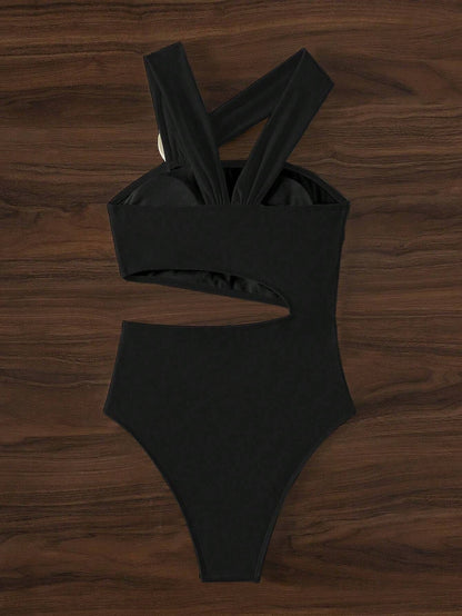 White Flower Solid Color One Piece Swimwear