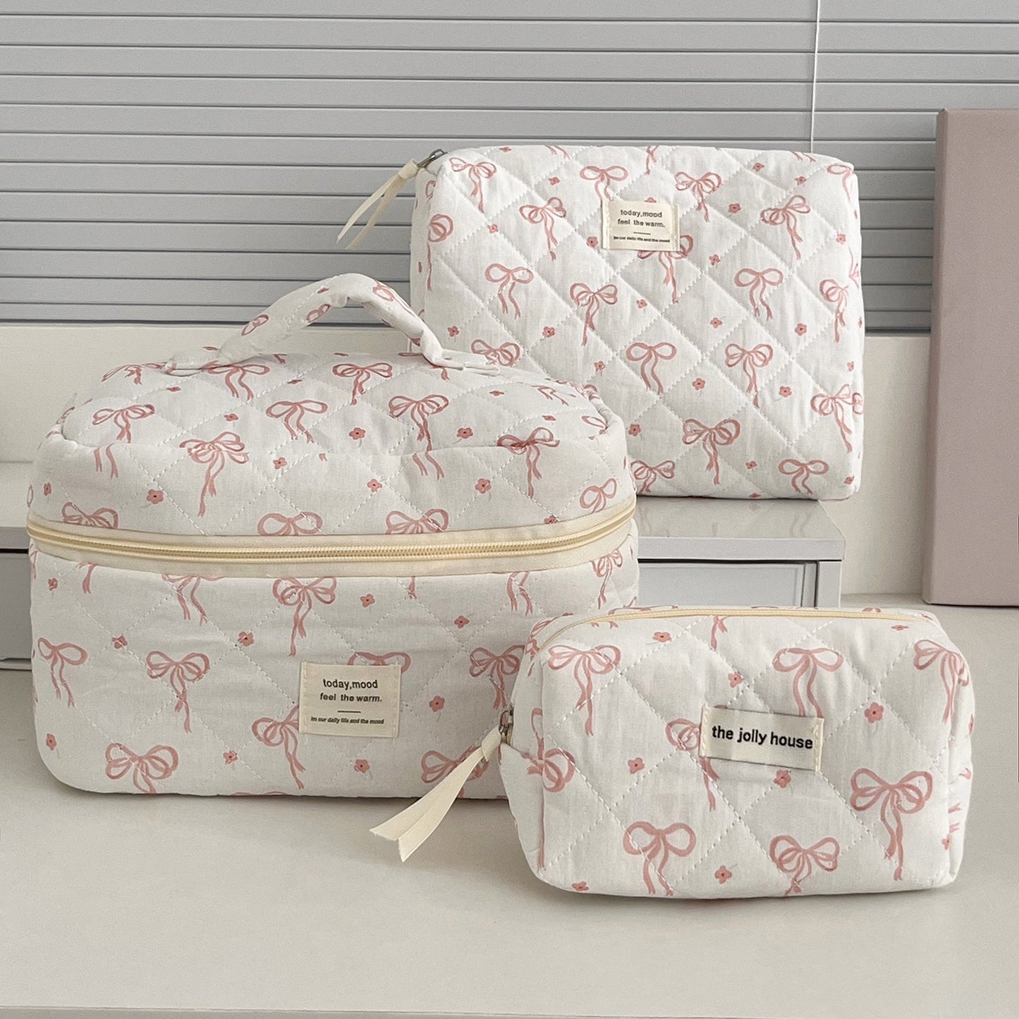 Pink Bow Print Sweet Portable Make Up Bag