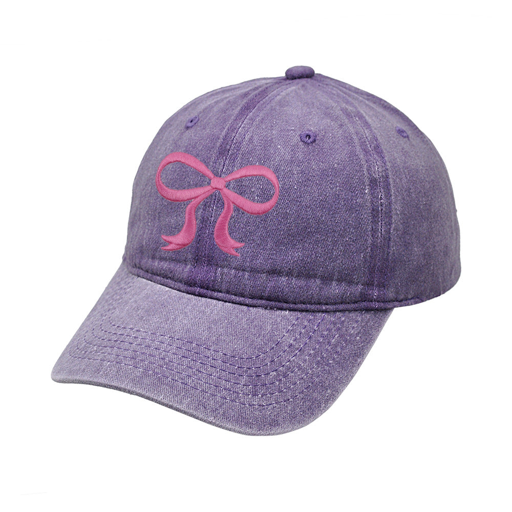 Washed Solid Color Bow Embroider Baseball Caps