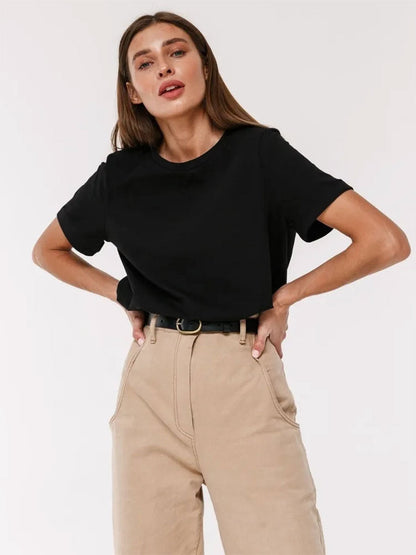 Solid Color Round Neck Loose Short Sleeves Top