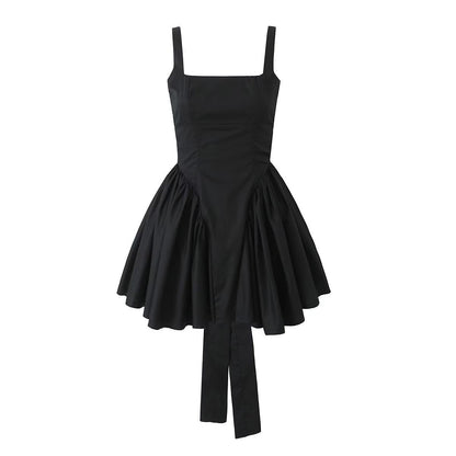 Solid Color Bow Tie Back Pleated Dress