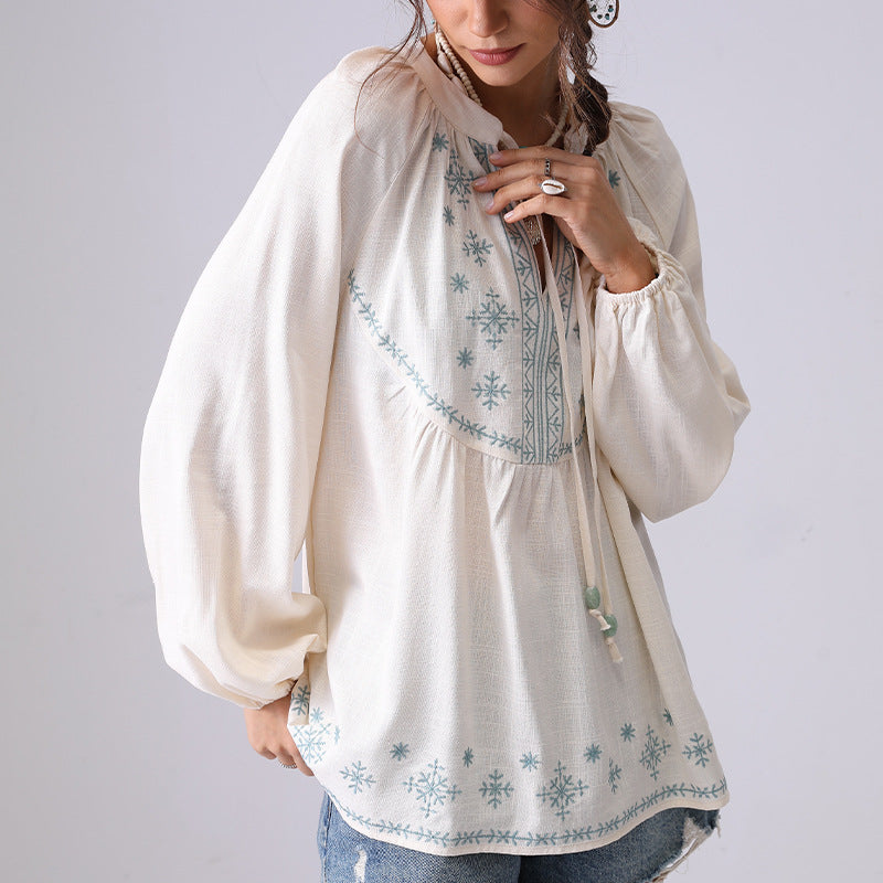 Floral Embroidered V-Neck String Loose Shirt