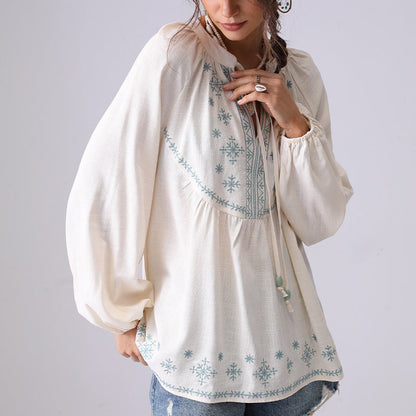 Floral Embroidered V-Neck String Loose Shirt