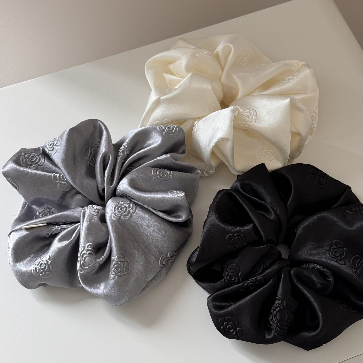 Elegant Rose Embossed Satin Stretchy Scrunchies