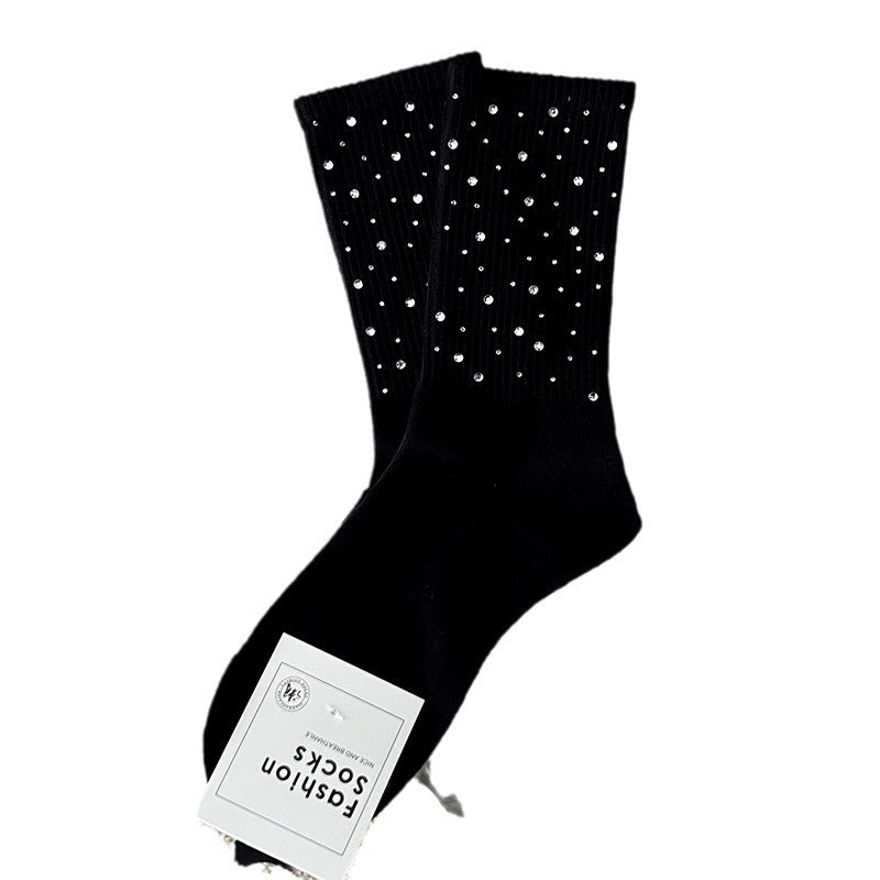 Rhinestone Ribbed Simple Cotton Socks
