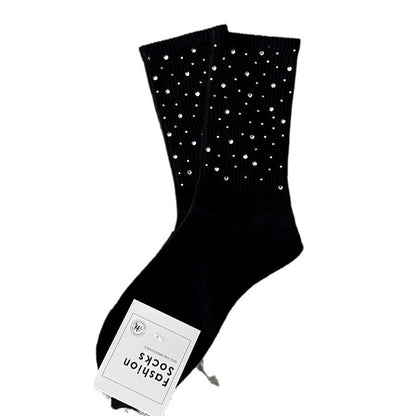 Rhinestone Ribbed Simple Cotton Socks