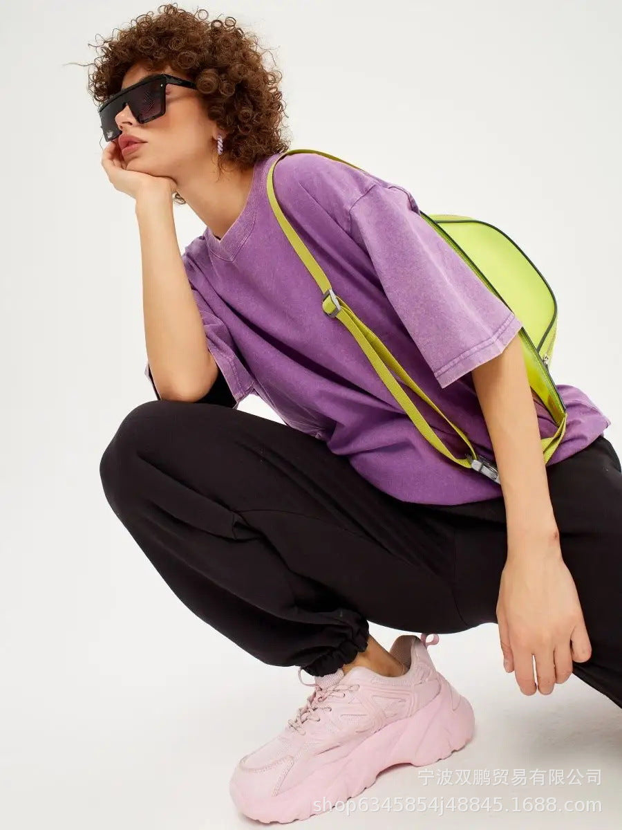 Washed Distressed Loose Short Sleeves Top