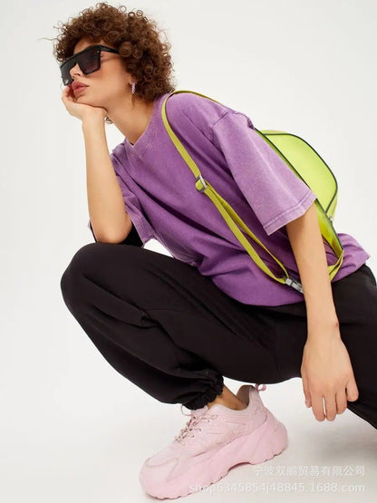 Washed Distressed Loose Short Sleeves Top