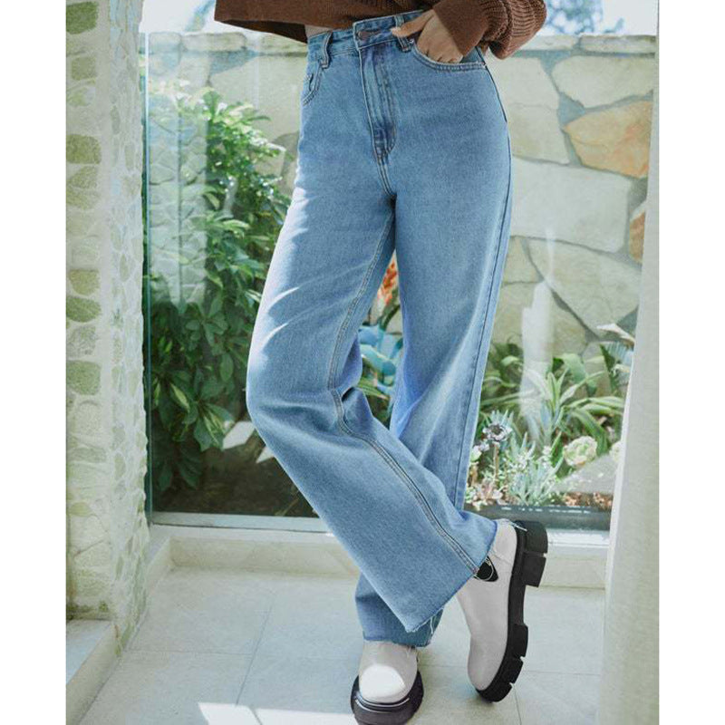 Solid Color High Waist Denim Pants Loose Jeans