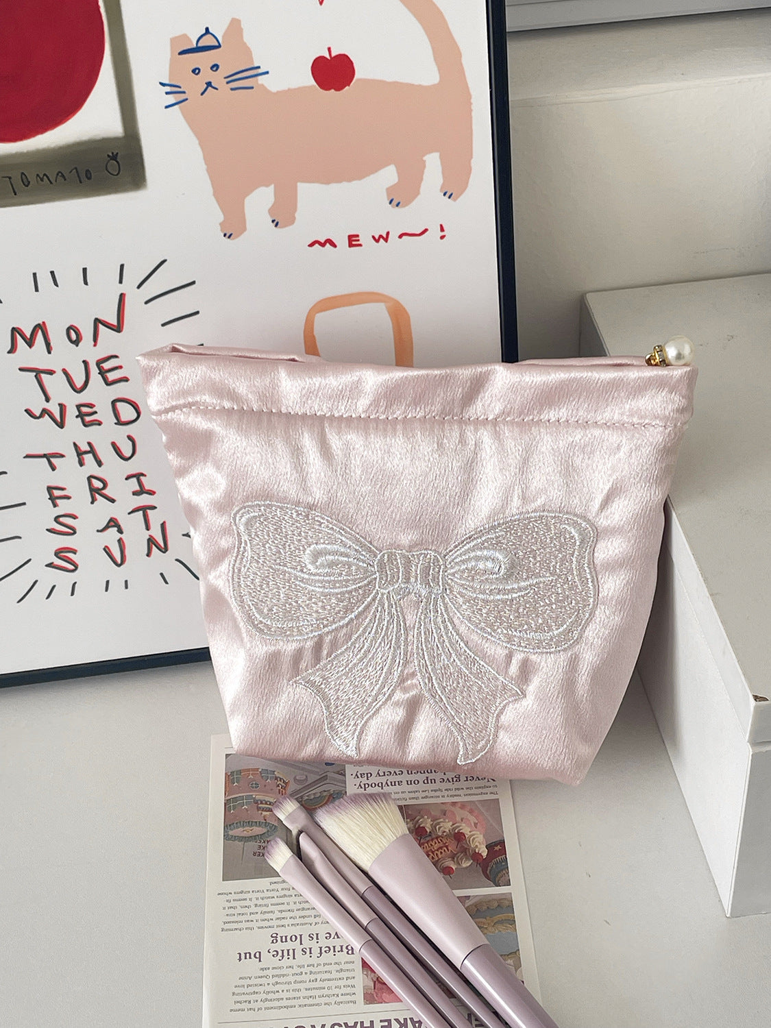 Cute Embroidered Bow Satin Makeup Bag