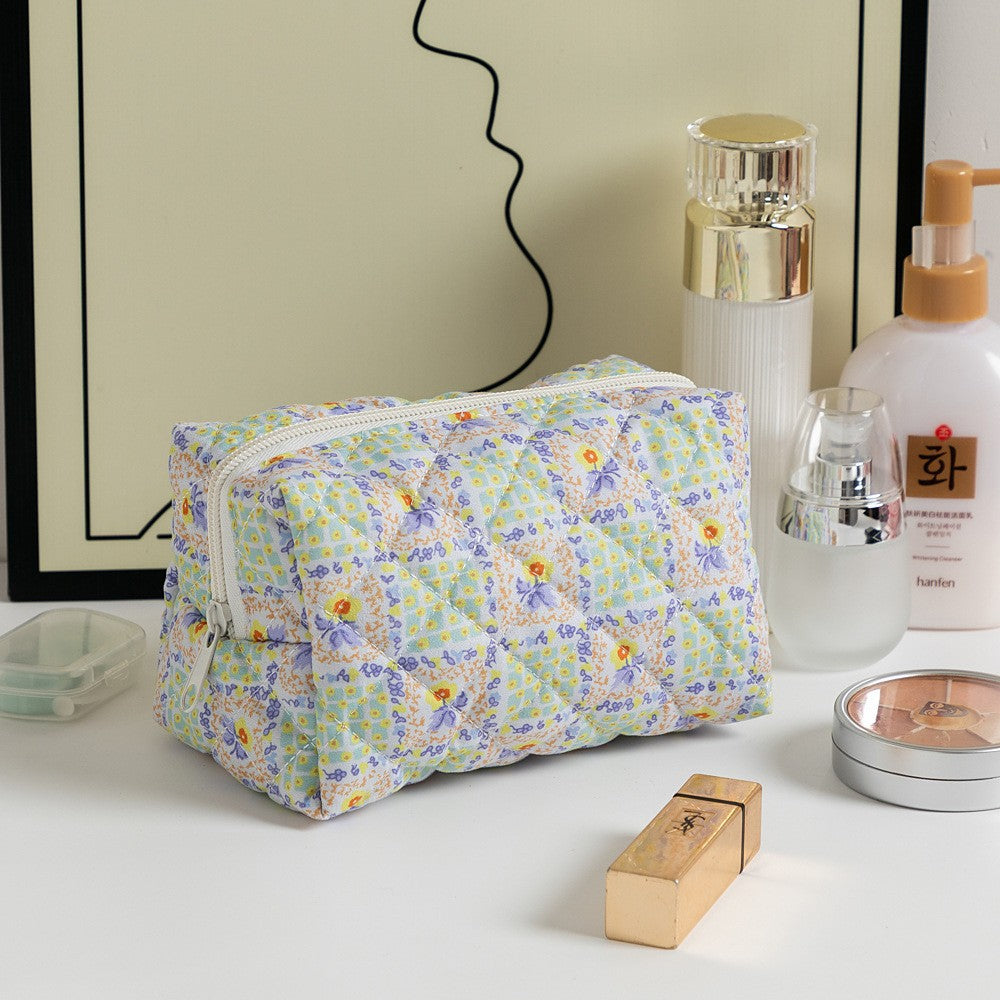 Floral Print Square Quilted Makeup Bag