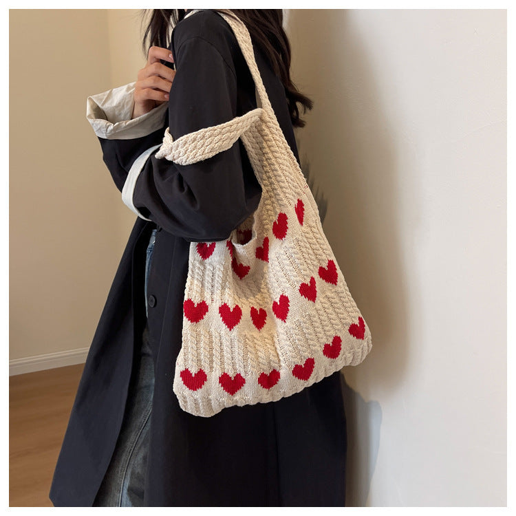 Love Print Color Block Simple Knit Shoulder Bag