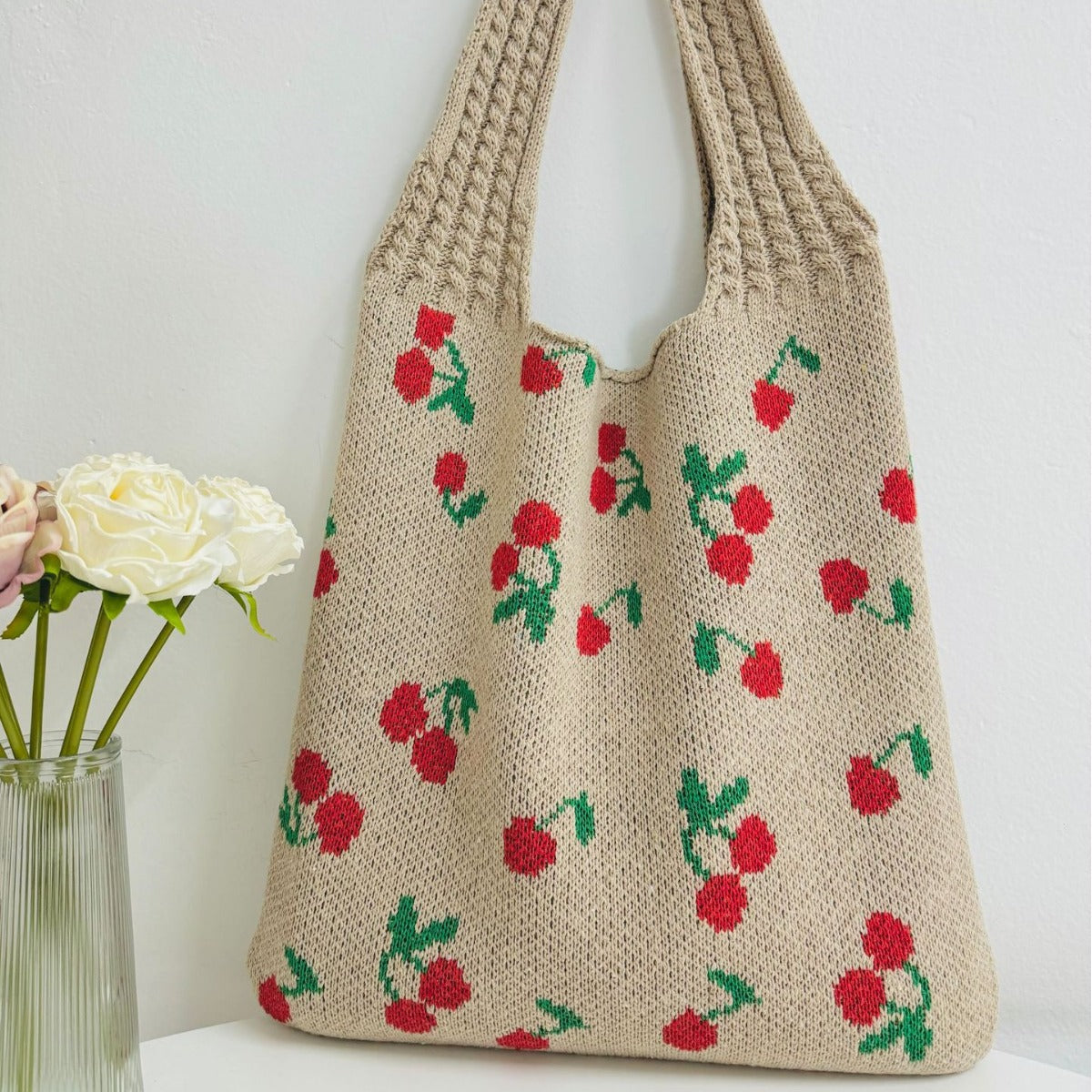 Cherry Print Cute Shoulder Bag Knit Tote Bag