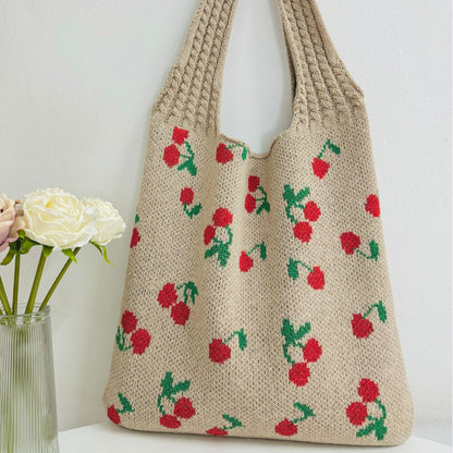 Cherry Print Cute Shoulder Bag Knit Tote Bag