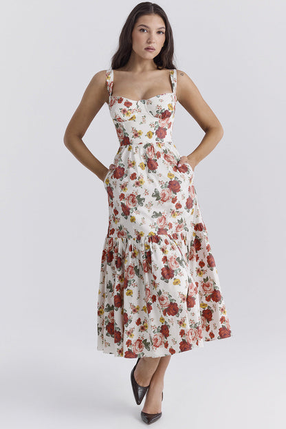 Corset Floral Midi Aline Spaghetti Dress