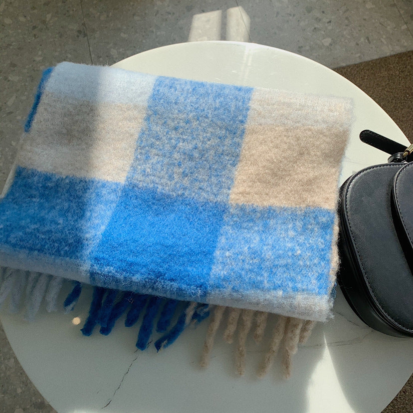Cozy Color Block Plaid Fringed Knit Scarf
