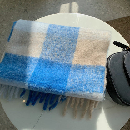 Cozy Color Block Plaid Fringed Knit Scarf