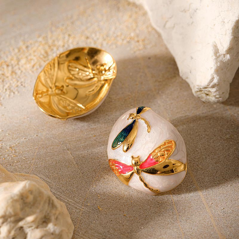 Asymmetrical Oval Enamel Dragonfly Stud Earring