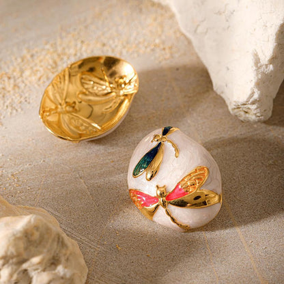 Asymmetrical Oval Enamel Dragonfly Stud Earring