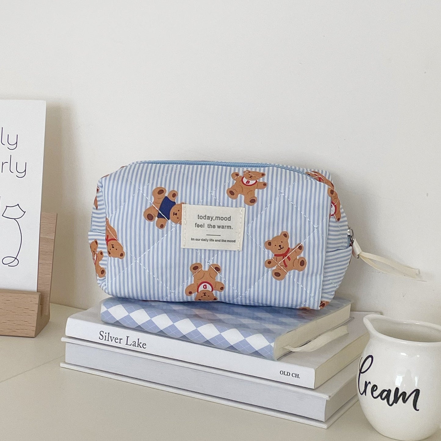 Cute Bear Print Striped Make Up Bag