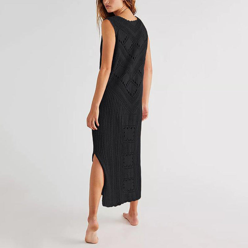 Solid Color Loose Knit Swim Cover Up Dress