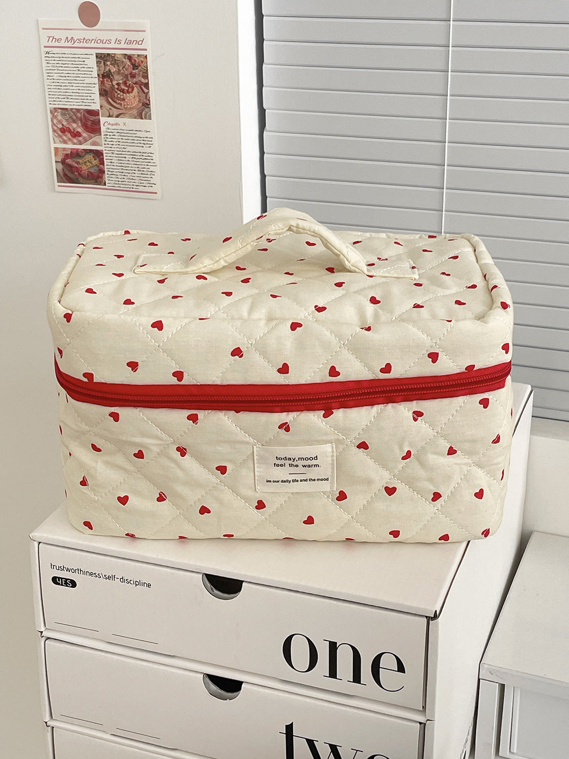 Red Heart Print Large Capacity Makeup Bag