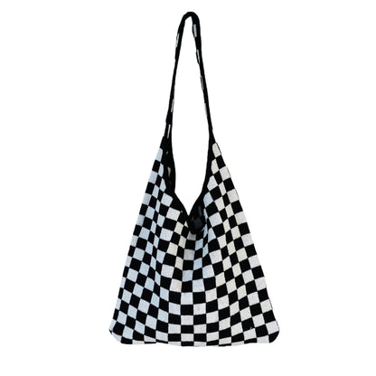 Black & Withe Plaid Color Block Knit Tote Shoulder Bag