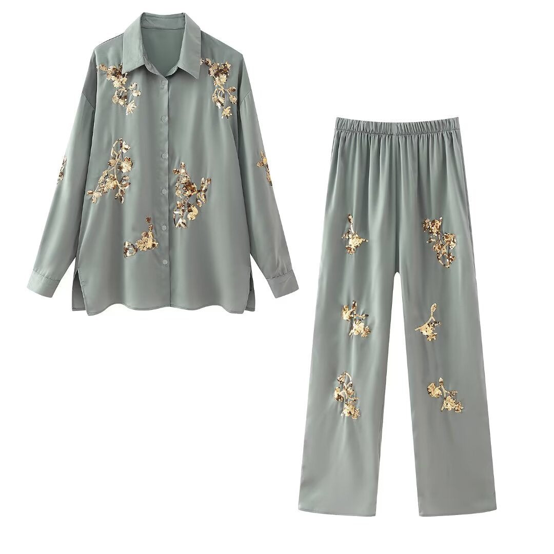 Sequin Embroidered Casual Shirt Pants Set