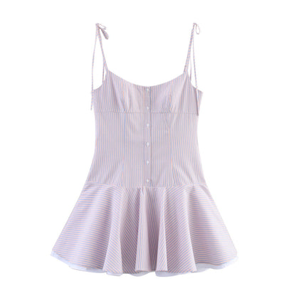 Sweet Striped Buttons String Puffy Mini Dresses