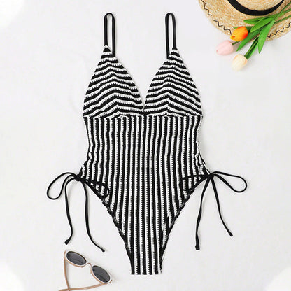 Striped V-Neck Drawstring Sexy One Piece Swimwear