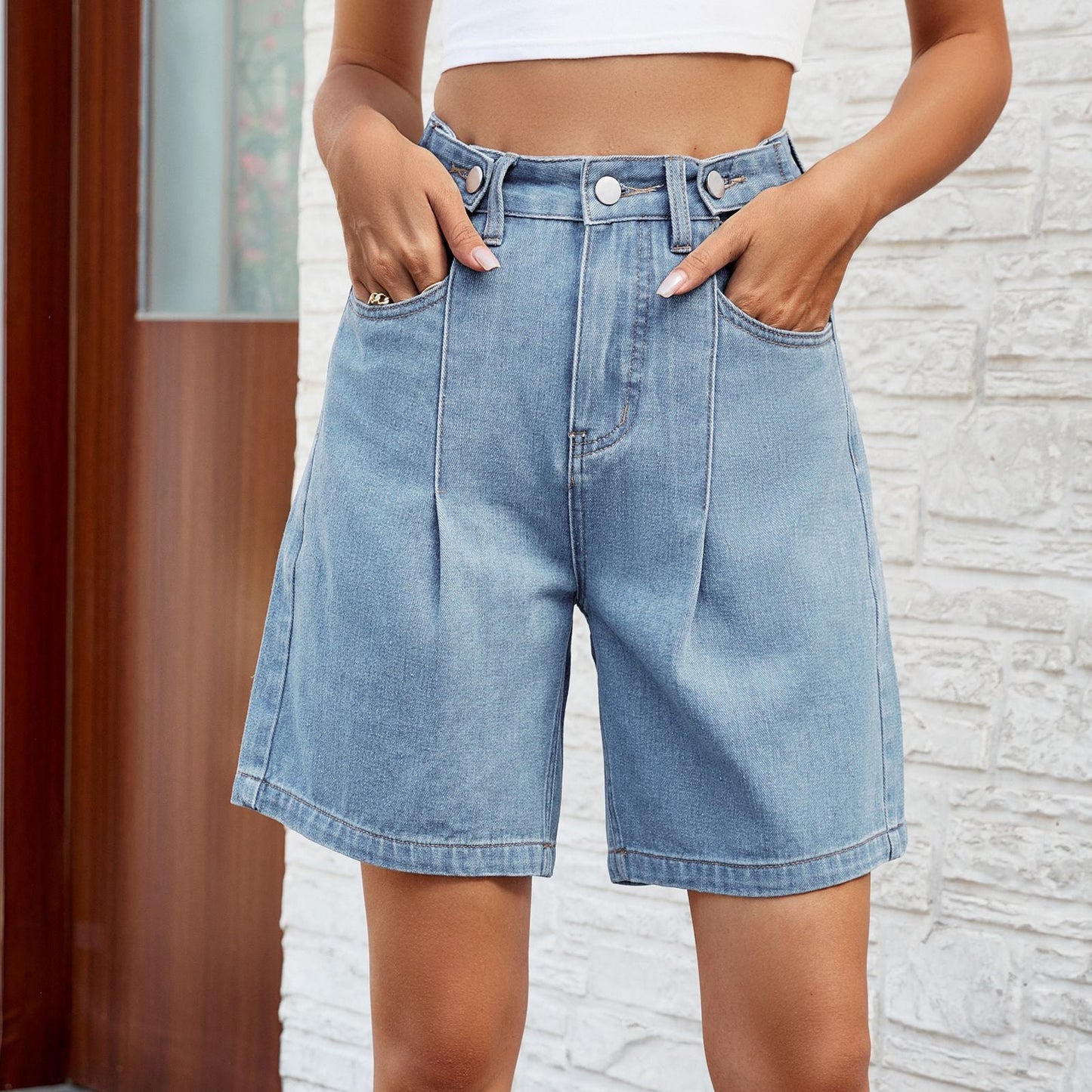 Casual Washed High Waist Bermuda Shorts