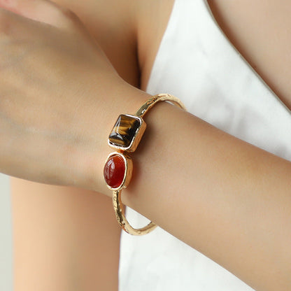 Boho Tiger Eye Stones Gold Cuff Bracelet