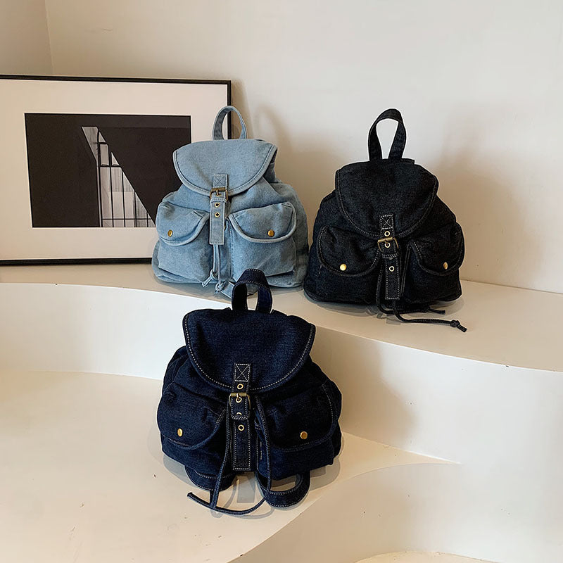 Solid Color Denim Large Capacity Backpack
